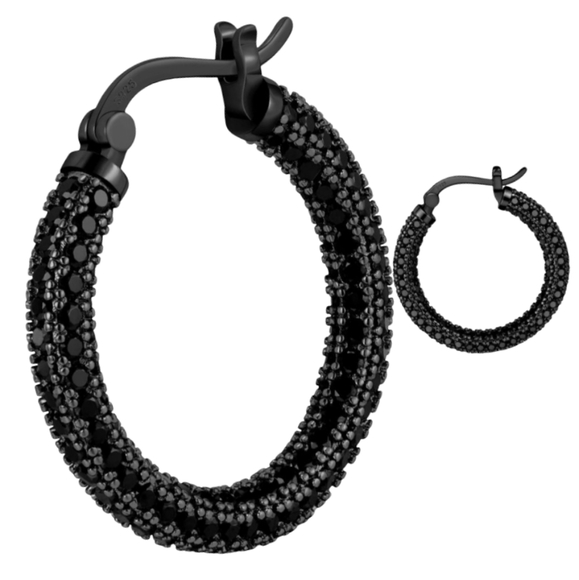 Black Pave Crystal Hoop Earrings Rhinestone Covered Blackened Metal Small Hoops - Picture 11 of 14